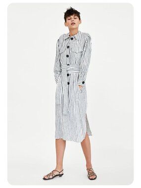 Zara Striped Long Sleeve Button Front Midi Dress w/ Waist Sash sz L